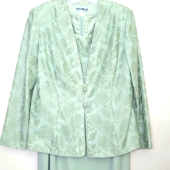 Karen Miller Dresses & Skirts - Formal Maxi Dress Matching Blazer Pastel Sea Foam Green Lace High Crew Neck